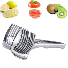 1pc Tomato Lemon Slicer Holder, Round Fruits Onion Shredder Cutter Guide Tongs With Handle, Stainless Steel Kitchen Cutting Potato Lime Food Stan